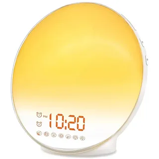 Sarini Sonnenaufgangswecker, Wecklicht mit Sonnenaufgangs-/Sonnenuntergangssimulation, Zwei Alarme, Nachttischlampe, Schlummerfunktion, FM-Radio