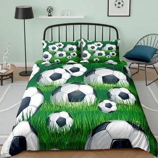 feelingyou 3D Fußball Bettwäsche-Set Grünes Gras Bettwäsche Set 135x200cm Liebe zum Fußball Betten Set für Kinder Jungen Mädchen Teenager 2St.Reißverschluss Mikrofaser