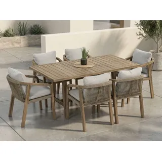 FURRORE Garten-Essgruppe MARIGOLD 6+1, 7-teilig, 6 Personen, Akazienholz, Rope / Geflecht Stühle mit Sitzkissen, Skandinavisch/Boho - Naturbelassen
