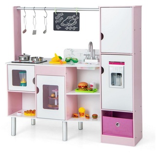 KOMFOTTEU Spielküche MDF, Doppelseitige Kinderküche und Kaufladen, Weiß + Rosa weiß