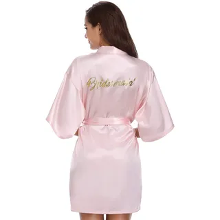 Vlazom Hochzeits Morgenmantel Satin Kimono Robe Kurz Braut Nachtwäsche Sleepwear V Ausschnitt mit Gürtel für Braut Brautjungfern Hochzeit Party, Pink For Bridesmaid, S - S