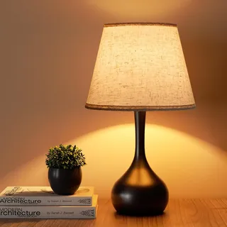 Nachttischlampe, Tischlampe Im Rustikalen Stil, Helligkeit Einstellbar (3 Stufen), Drehregler, Mit Stoffschirm.