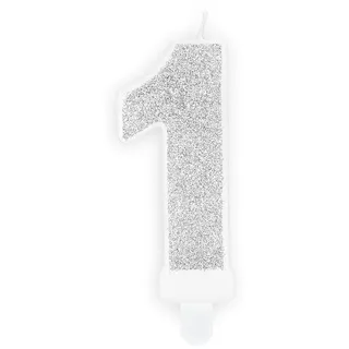 partydeco Geburtstagskerze, Geburtstagskerze Zahl 1 mit Glitzer 7cm silber silberfarben