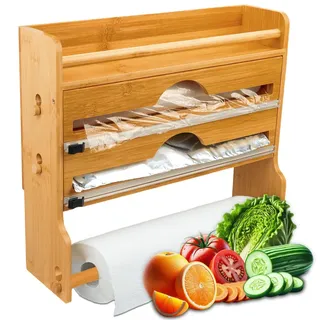 VON STEINEICH® Küchenrollenhalter aus Holz [ohne Bohren] Wandrollenhalter für Küchenrolle, Alufolie & Frischhaltefolie - Kitchen Organizer - Braun