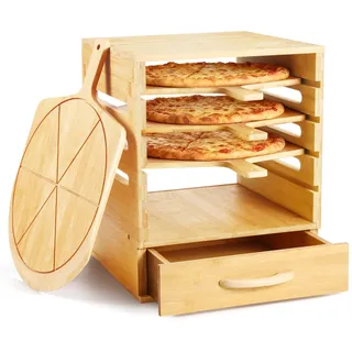 Essenhome Pizzaschaufel aus Holz mit Gewürzschublade, inklusive 10,2 x 30,5 cm antihaftbeschichteter Bambus-Pizzabretter mit 6 Scheibenrillen, Echtholz-Pizzaschaufel für Pizza oder Brotkuchen