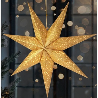 BRUBAKER LED Stern 60 cm Papier Weihnachtsstern zum Aufhängen - LED Adventsstern, Hängender Leuchtstern - Beleuchtbar mit Batterie, LED fest integriert, Warmweiß, Weihnachtsdeko für Fenster - 3D Papierstern mit Timer-Funktion goldfarben