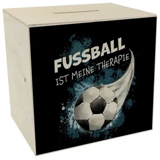 speecheese Spardose Fußball ist meine Therapie Spardose aus Holz mit Fußball-Motiv in blau