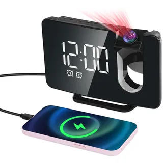 AYESY Projektionswecker für Schlafzimmer | mit 180° Projektor, Radio, LED-Anzeige, 4 Helligkeit, USB-Ladegerät, Dual-Alarm, 12/24 H, Snooze, Batterie Backup