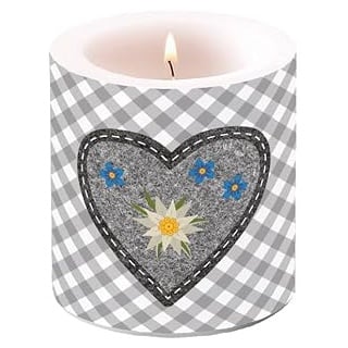 Ambiente Kerze Bayern Edelweiss in Herz grau als Tischdeko. Motivkerze rund klein für den gedeckten Tisch Ø7,5 x 9cm