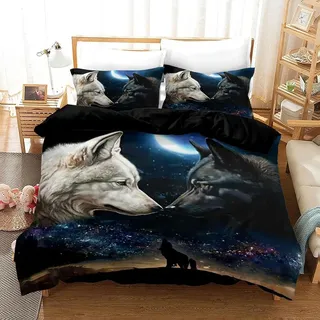 Bettwäsche 220x240 cm, Wolf-Motiv, Mikrofaser, mit Reißverschluss, für Kinderzimmer