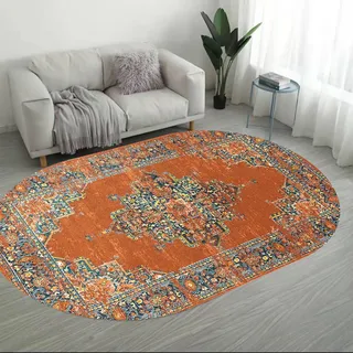Rururug Oval Teppich Wohnzimmer, Esszimmer, Schlafzimmer Kurzflor Teppich für Arbeitszimmer Büro,Blau, grün, gelb, Florale Vintage-Shabby-Chic-Medaillonmuster,Orange,Oval 200 x 300 cm