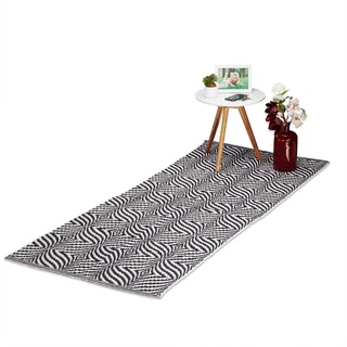 Relaxdays Teppich Läufer Flur, Baumwolle, Küchenläufer rutschfest, gemustert, handgefertigt, 80 x 200 cm, schwarz-weiß