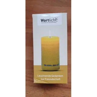 Wortlicht Stumpenkerze "Leuchtende Gedanken zur Freundschaft "  Höhe 14cm gelb