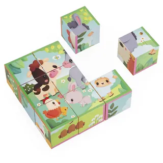 Janod - Würfelpuzzle für Kinder und Babys aus Karton - Thema Bauernhof - 9 Würfel und 6 mögliche Puzzles - Lernspielzeug für Babys und Kleinkinder - Feinmotorik Lernen - Wasserfarben - Ab 2 Jahre