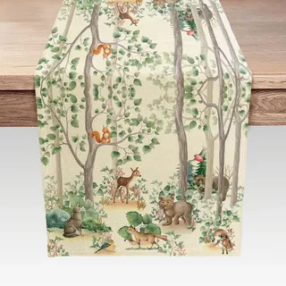 VEIVIAN Rustikaler Wald-Tischläufer für Kinder, Baby-Dekoration, niedliche Waldtiere, Landhaushütte, Wildtiere, Bär, Hirsch, Fuchs, Wolf, Set, Jagd-Tischläufer, 33 x 183 cm, Leinen, Tier, Grün