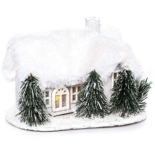 EUROCINSA Haus aus weißem Karton mit Lichtern (ohne Batterien) und schneebedecktem Dach, 21 x 15 cm. 2 Stück, Einheitsgröße