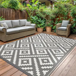 GENIMO Outdoor Teppich Wetterfest Balkon Matte 240x300cm Kunststoff UV-beständig Wasserdicht Pflegeleicht für Terrasse Garten Camping Picknick Grau Weiß