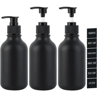 Segbeauty Matt Dispenser, 3 Stück 300ml Schwarz Seifenspender Set für Lotion Shampoo Duschgel, Spülmittelspender zum Befüllen mit Wasserfester Etiketten, Nachfüllbar Plastikflasche für Küche Bad