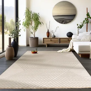 HomebyHome Kurzflor Teppich 200x300 cm Beige - 3D Skandinavischer Stil Modern Waschbar für Wohnzimmer, Schlafzimmer, Küche - Geometrisches Design