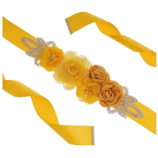 SHTGOI Damen Gürtel Perlen Strass Brautgürtel Blume Satinband Hochzeit Taillengürtel Braut Brautjungfer Schärpe Rose Hochzeitskleid Taillenkette Brautschmuck Zubehör für Kleid 270cm Gelb