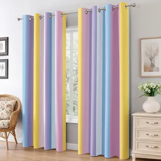 Generisch Vorhänge Regenbogen Streifen, Pastell Bunt Streifen Vorhang Blickdicht mit Ösen 2er Set, Verdunklungsvorhänge für Wohnzimmer Schlafzimmer Deko, Gardinen mit Muster 166 X 75 cm (H X B) B-D100