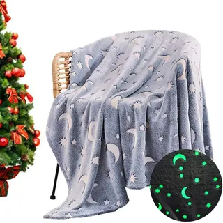Kuscheldecke Kinder 150 x 200 cm, Sterne Decke Leuchtet im Dunkeln, Flauschige Fleecedecke Mond Glow in The Dark, Blau Winter Warm Geschenke für Jungen Mädchen