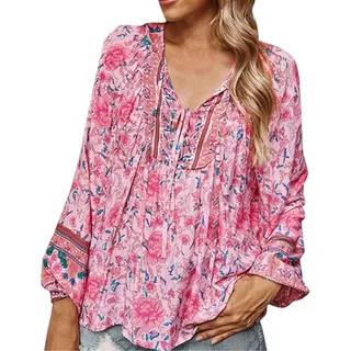 Bluse Damen V-Ausschnitt Langarm Oberteil Elegant Boho Blumenmuster Hemdbluse Top Hippie Kleidung Flower Power Kleidung Damen Sommer