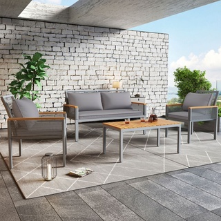Merax 4-tlg. Garten-Lounge-Set mit Stahlrahmen und Couchtisch, Rope Gartenmöbel Set aus Akazienholz und Polyrattan, Gartenmöbel-Sets für 4 Perso...