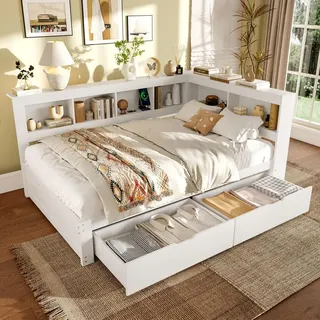Holzbett mit Schubladen, Lattenrost und Regal, 140x200 cm, Doppelbett mit USB Anschlüssen und Steckdosen, Stauraumbett - Weiß