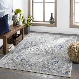 Livabliss Mayfair Vintage groß - Orientalischer Wohnzimmer 200x275 cm, Esszimmer, Schlafzimmer - Boho Kurzflor e für einfache Pflege - Grau und Blau