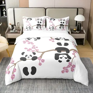 Kinder Panda 100% Bio Baumwolle Bettbezug Kirschblüten Tröster Bezug 155x220 Nette Tier Bettwäsche Set für Jungen Teens Blume Zweige Cartoon Stil Steppdeckenbezug mit Reißverschluss