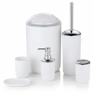 6-TLG Badset Badezimmer Zubehör Set Organizer: Seifenspender, Zahnputzbecher, Kosmetikeimer, WC Bürste und Halter, Seifenschale, Mülleimer, Zahnbürstenhalter, Badgarnitur (Weiß Design 3)