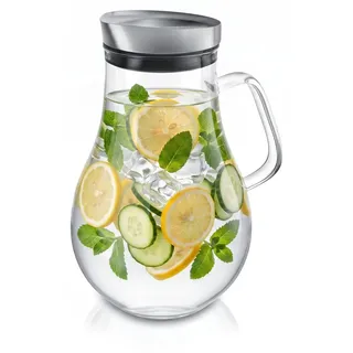 Arendo Glaskaraffe 2 Liter aus Borosilikatglas mit Edelstahldeckel und Grobfilter, Wasserkaraffe mit Henkel, von -20 bis +150 °C, spülmaschinenge... - Transparent/Silber