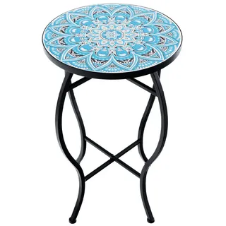 COSTWAY Gartentisch, Mosaiktisch rund aus Metall & Keramik, ∅30x50cm blau