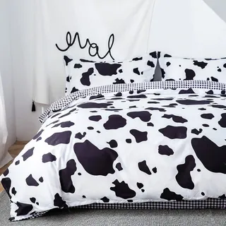 Morbuy Bettbezug 200 x 200 cm, Bettwäsche aus Mikrofaser mit 2 Kissenbezügen 50 x 75 cm, Bettbezug für Doppelbett, mit Reißverschluss, wendbarer Bettbezug, Motiv Kuh