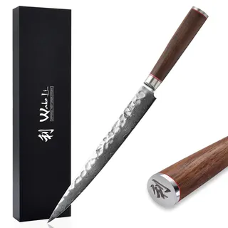 Wakoli Nussbaum Damastmesser Sashimi, 25 cm Klinge aus 67 Lagen Damaststahl | Fischmesser & Sushimesser mit VG10-Kern, Hammerschlag & Nussbaumholzgriff; 15° V-Schliff je Seite, 60±2 HRC, mit Geschenkbox.