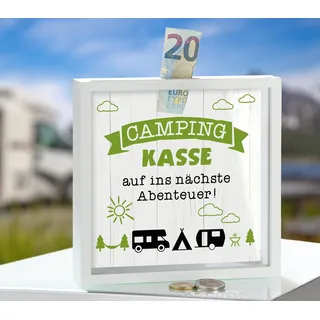 mucHome Spardose aus Holz, Weiß, Dekorative Geldbox mit Verschiedene Designs, Rahmen mit Münzschlitz, Geschenkidee, Gelddose, Geldgeschenke (Camping-Kasse)