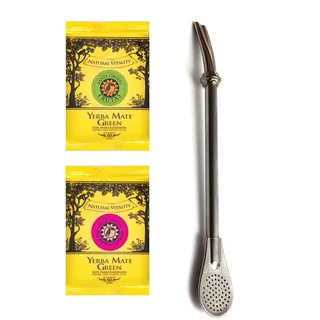 Mate Green Bombilla LIZA Edelstahl mit einem silbernen Ring von 19 cm und brasilianischem Yerba Mate Mas Energia Guarana 50 g Frutas, hohe Qualität, fairer Preis, neu