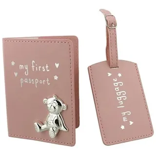 Button Corner PU My First Passport & Luggage Tag Set with Metal Teddy icon Pink CG988P, 200 g