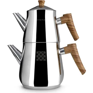 Serenk Definition Premium Caydanlik – Türkische Teekanne & Teekessel aus 18/10 Edelstahl, Induktion, 3 L, Kapselboden, Holzoptik-Griff - Silber