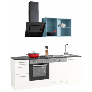 Küchenzeile OPTIFIT "Mini" Komplettküchen-Sets Gr. B/T: 210 cm x 60 cm, blau (küche: weiß, blau, anthrazit, korpus: arbeitsplatte: anthrazit) Küchenzeilen mit Elektrogeräte