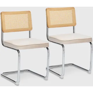 SEEDWAVE Freischwinger im 2er-Set mit Samtpolster und Rattan Rückenlehne, verchromtes Stahlgestell mit Rutschfester Basis (Beige)