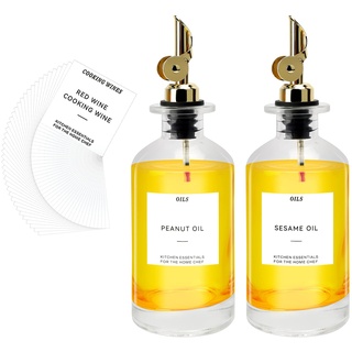 Ticeed 2er Set Essig und Ölflaschen Ölspender Dosierflasche Glas-Olivenölspender Sirupspender Glasölbehälter mit Ausgießer aus Edelstahl Trichter Etiketten für Küche Öl Essig (350ml)