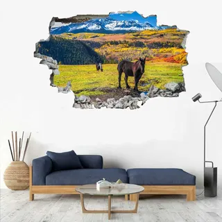 Pferd 3D Durchbruch Wandsticker, Tier Selbstklebend Wandtattoo Wanddeko Aufkleber B 60 x H 40 cm Wanddurchbruch sticker für Raumdekoration Wohnzimmer Kinderzimmer Junge Mädchen Teenager Zimmer