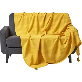 Homescapes Wohndecke Rajput gelb – leichte Baumwolldecke 255x360 cm, Tagesdecke aus 100% Baumwolle, Sofaüberwurf handgewebt mit Streifenstruktur, Couch-Überwurf mit Quasten, Oeko-Tex