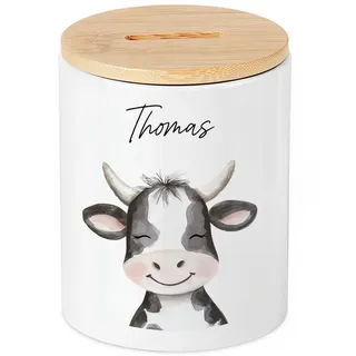 Kuh Spardose für Kinder personalisiert Bauernhof Tiere Sparbox mit Bambusdeckel Geldgeschenk für Jungen & Mädchen