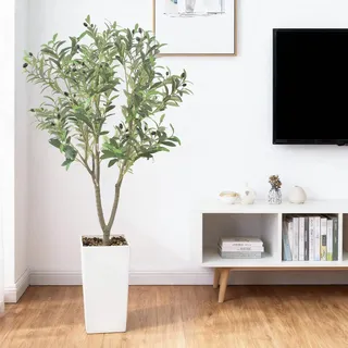 150 cm großer künstlicher Olivenbaum, realistisch, künstliche Pflanze für den Innenbereich, mit Oliven, weißer Topf, Kieselsteine, mehrere Zweige & Blätter, ohne Pflege, künstliche Pflanze, Dekoration