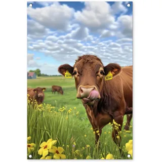 MuchoWow© Gartenposter 60x90 cm Outdoor Bilder Gartendeko für draußen Wetterfest Garten Zaun Deko Banner Draußen Bild Gartenzaun Kuh - Wiese - Blumen