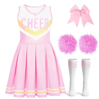 Haozozo Cheerleader Kostüm Kinder mit Kleid, Stirnband, Pompons und Strümpfe, Cheerleader Kostüm Mädchen für Karneval, Halloween, Cosplay und Bühnenaufführung