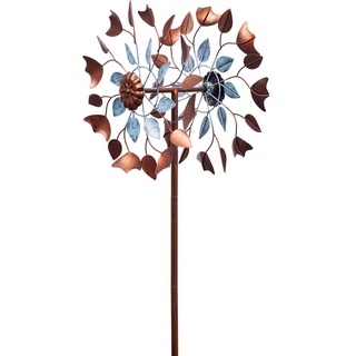 Kinetic Art - Windspiel Metall - inkl. Bodenanker, Zwei Rotoren für 3D-Optik, mit oder ohne LED in Glaskugel, hochwertige Bunte magische Windspiele für den Garten draußen stehend (Copper Leaf Duett)